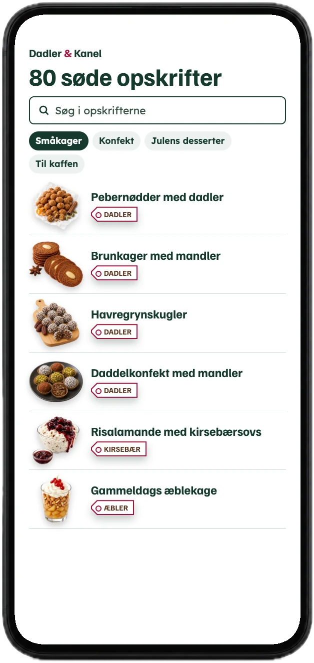 Appen med opskrifterne sorteret i småkager, konfekt, julens desserter og til kaffen