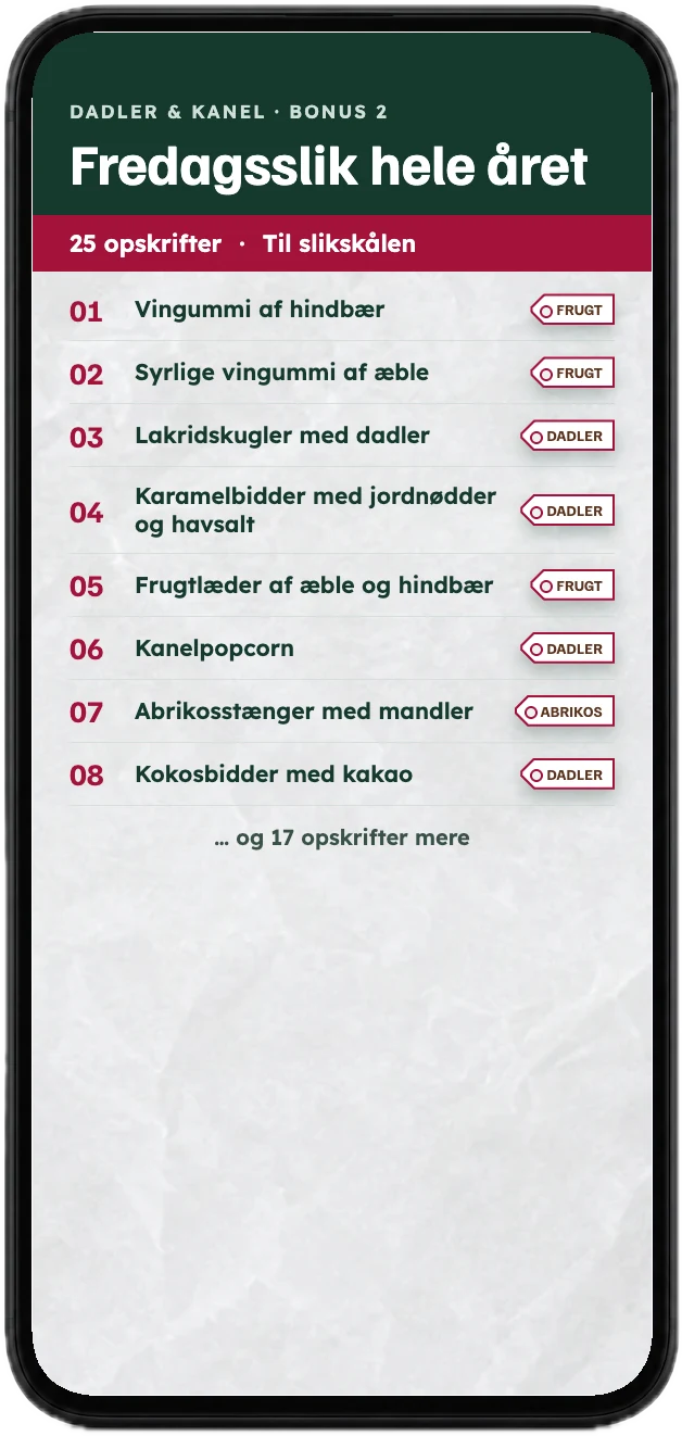 Indholdsfortegnelsen med slik fra bonussen, vist på en mobil